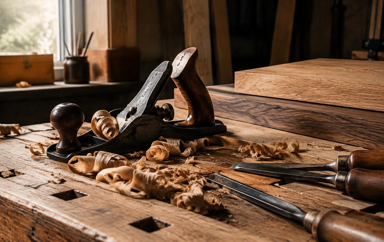 Hand plane, chisels and wood shavings on a wooden workbench